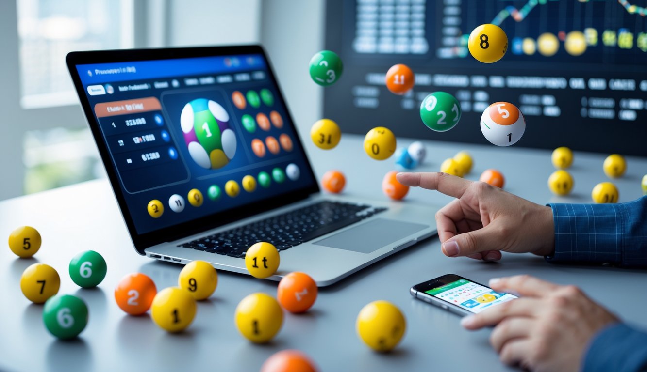 Meja kerja modern dengan laptop, bola togel berwarna-warni, dan ponsel yang menampilkan aplikasi taruhan online.