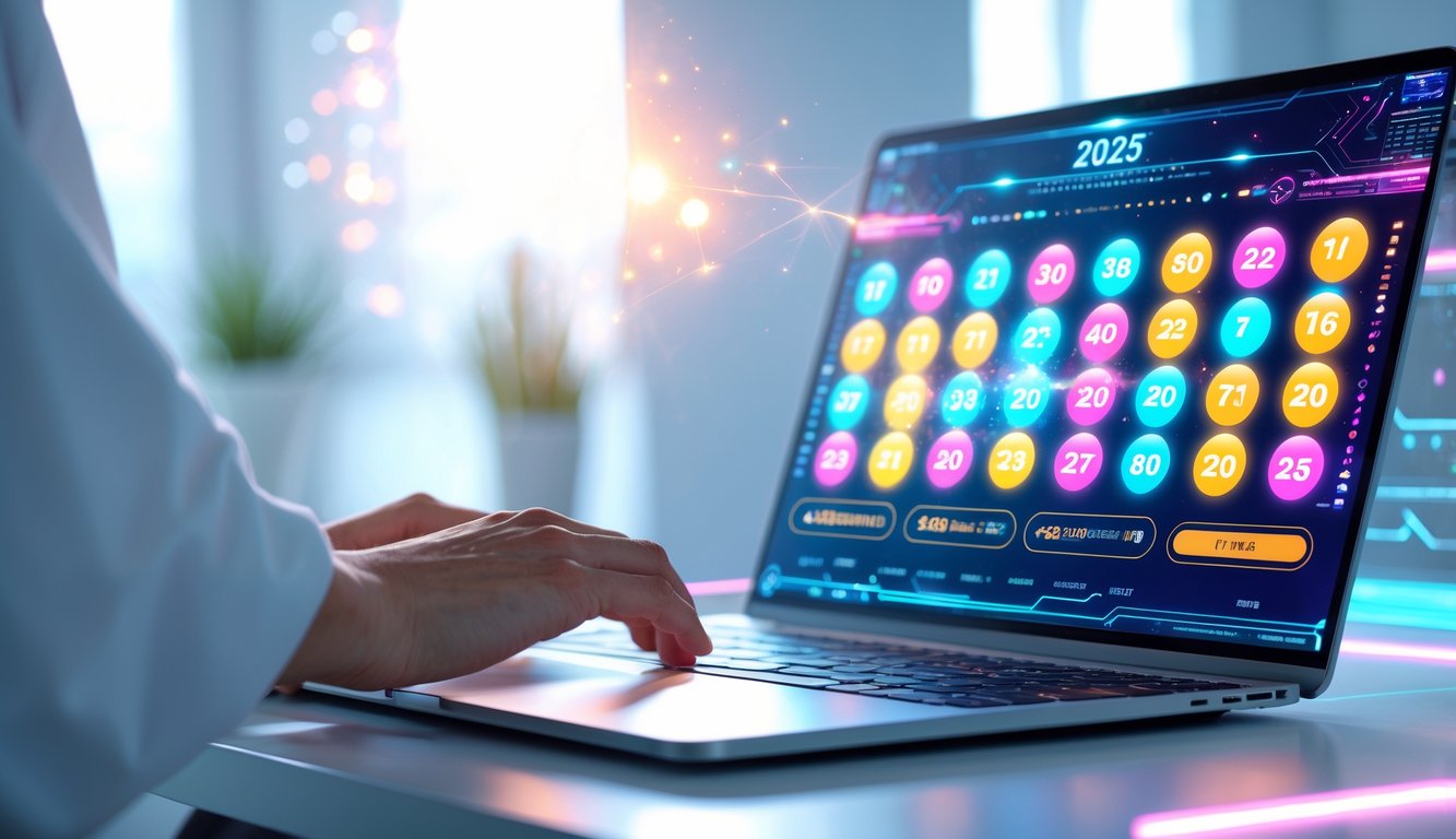 Sebuah perangkat digital di atas meja menampilkan antarmuka lotere online dengan angka dan grafik berwarna-warni.