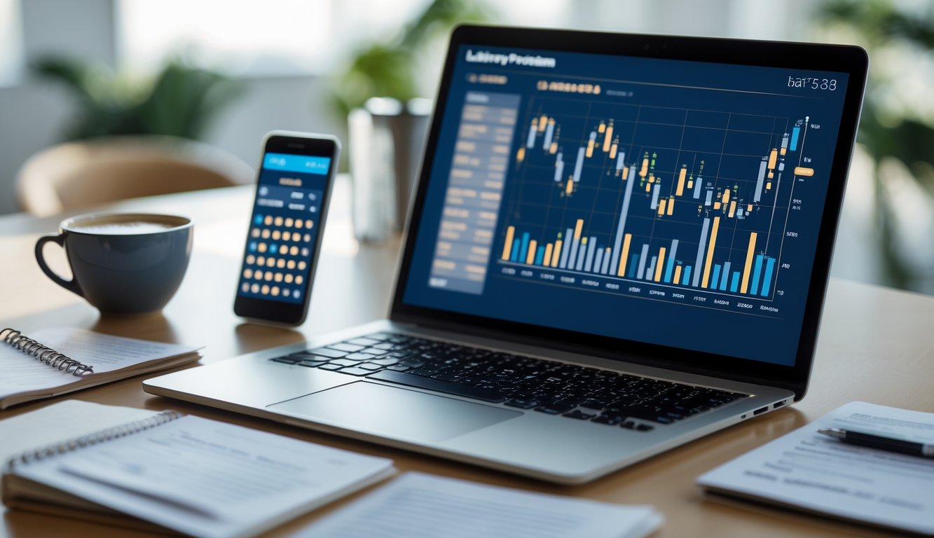 Meja kerja modern dengan laptop yang menampilkan grafik dan data, ponsel dengan aplikasi togel, serta secangkir kopi.