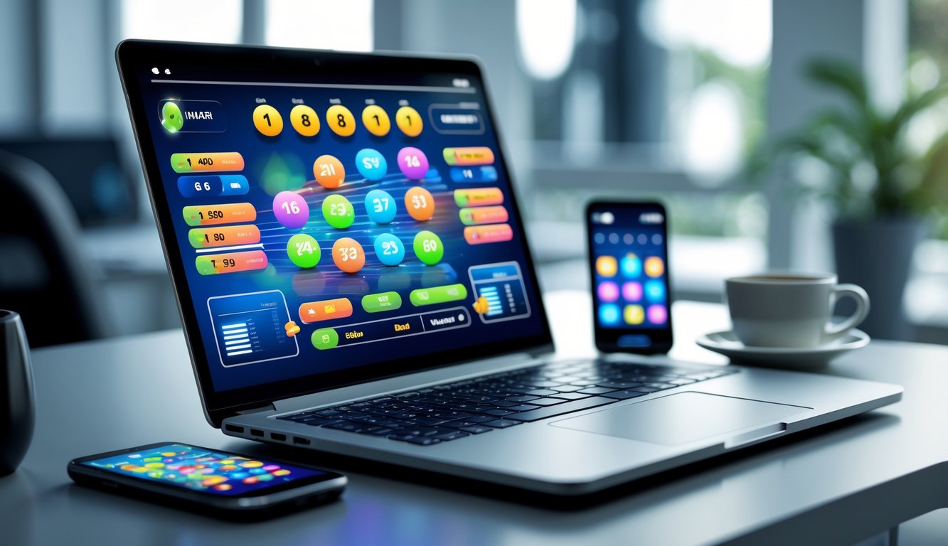 Seorang pria menggunakan laptop di meja kerja dengan layar menampilkan angka dan bola lotere, di sekitar terdapat ponsel dan cangkir kopi dalam suasana kantor modern.