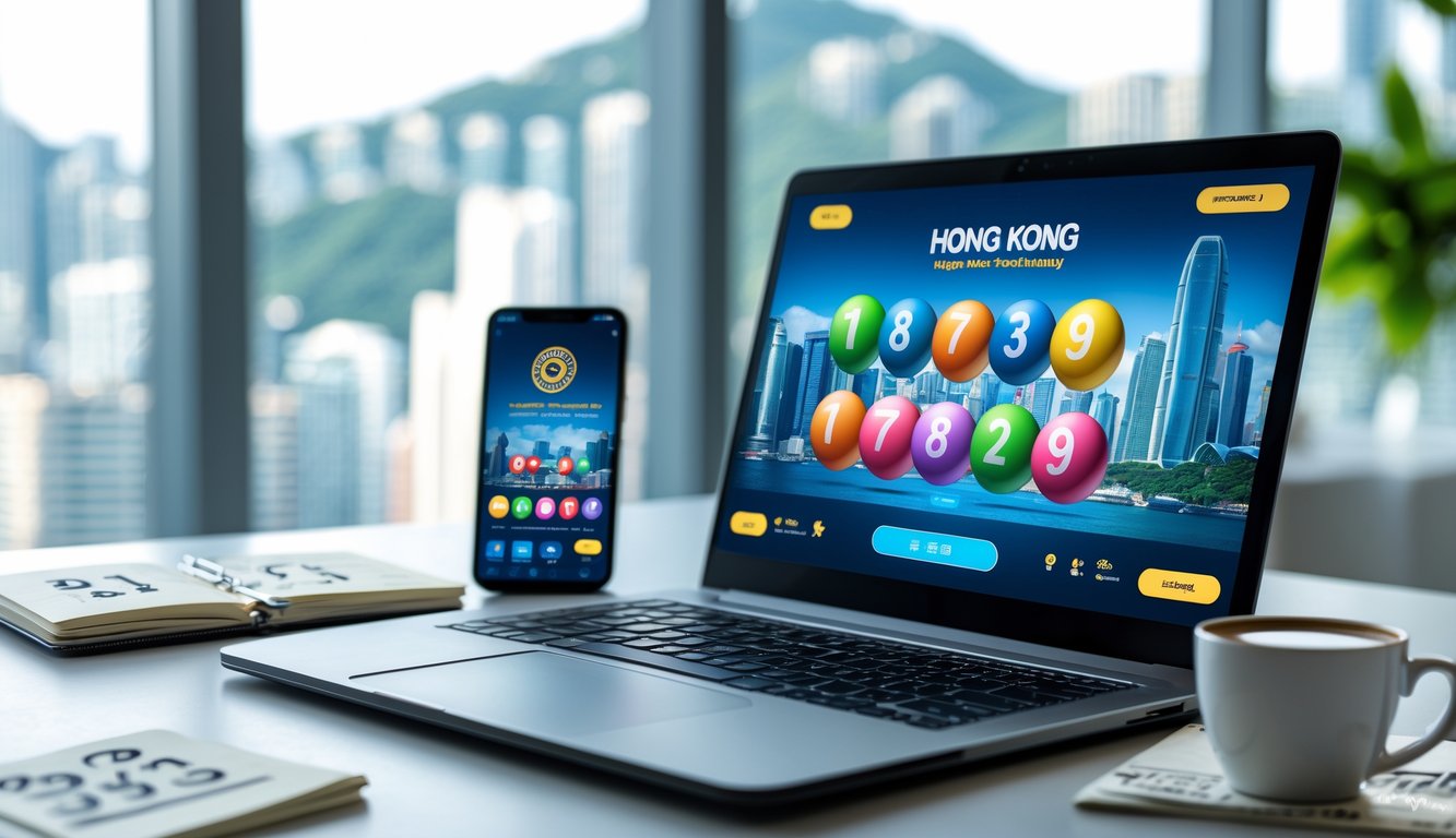 Seorang pria menggunakan laptop di meja kerja dengan tampilan permainan lotre online dan latar belakang pemandangan kota Hong Kong.