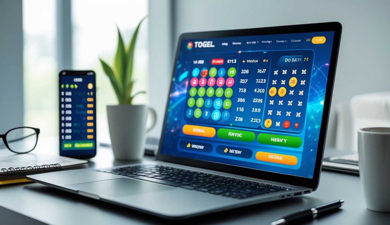 Seorang pria menggunakan laptop di meja kerja dengan layar menampilkan angka dan grafik lotere, dikelilingi oleh ponsel, cangkir kopi, dan alat tulis.