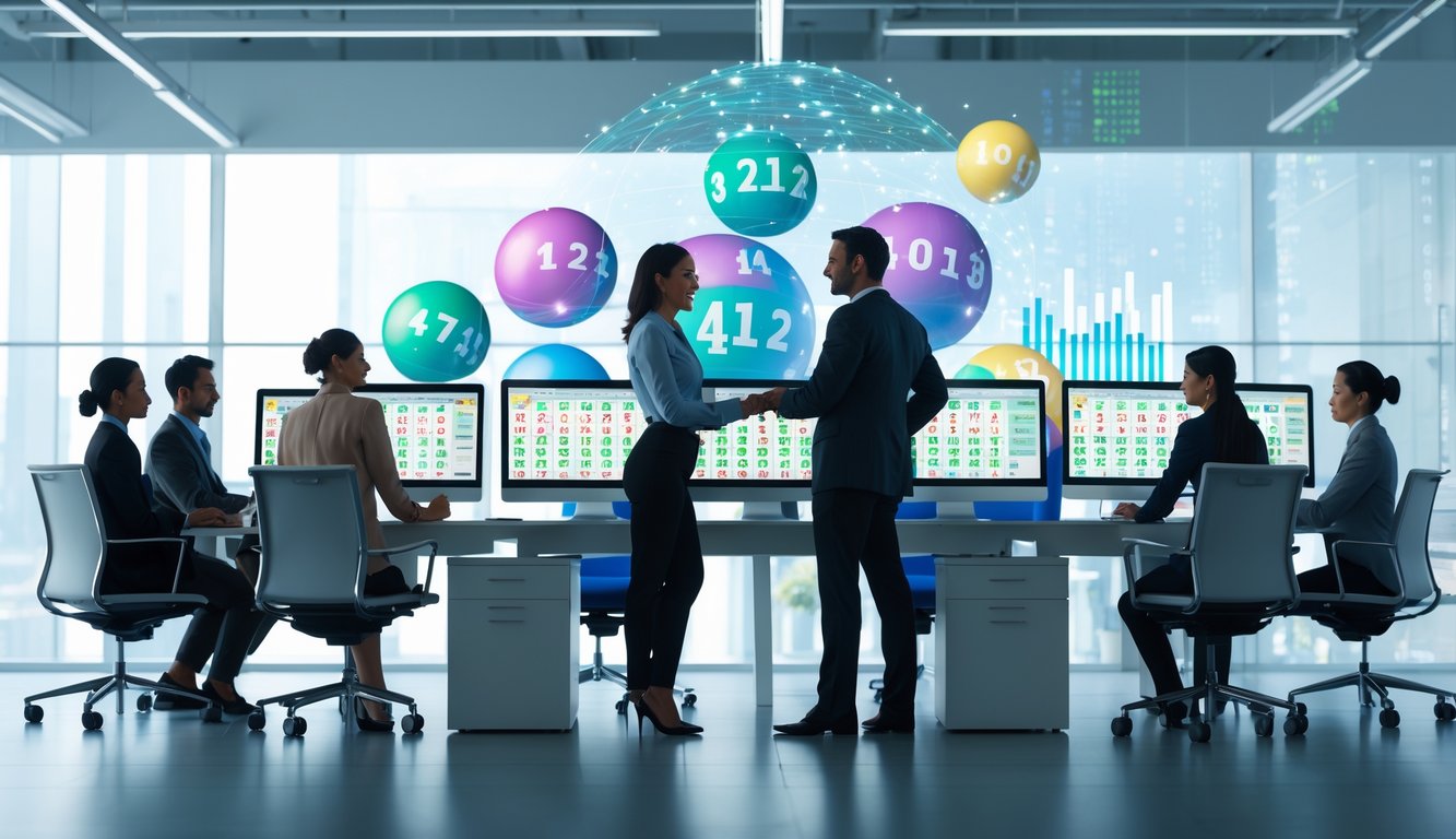 Tim profesional bekerja bersama di kantor modern dengan layar komputer menampilkan angka lotre dan grafik.