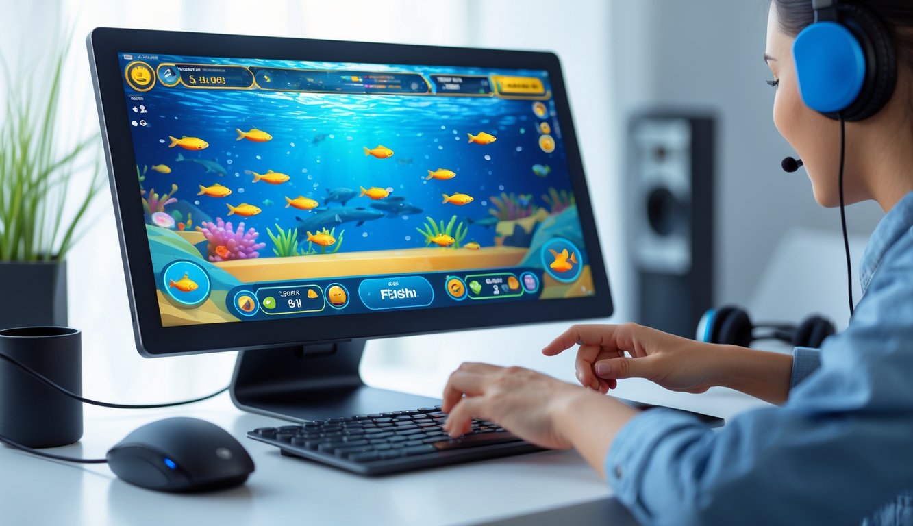 Seseorang sedang bermain permainan tembak ikan online menggunakan komputer atau ponsel di meja kerja.