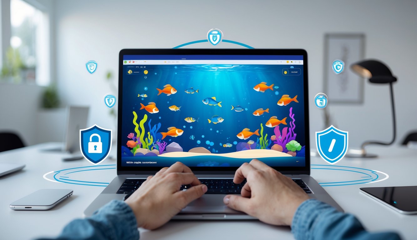 Orang sedang bermain game menembak ikan di komputer dengan latar belakang tema bawah laut.