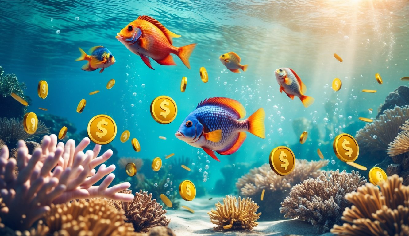 Pemandangan bawah laut dengan ikan berwarna-warni berenang di sekitar terumbu karang dan koin emas yang tersebar di air.