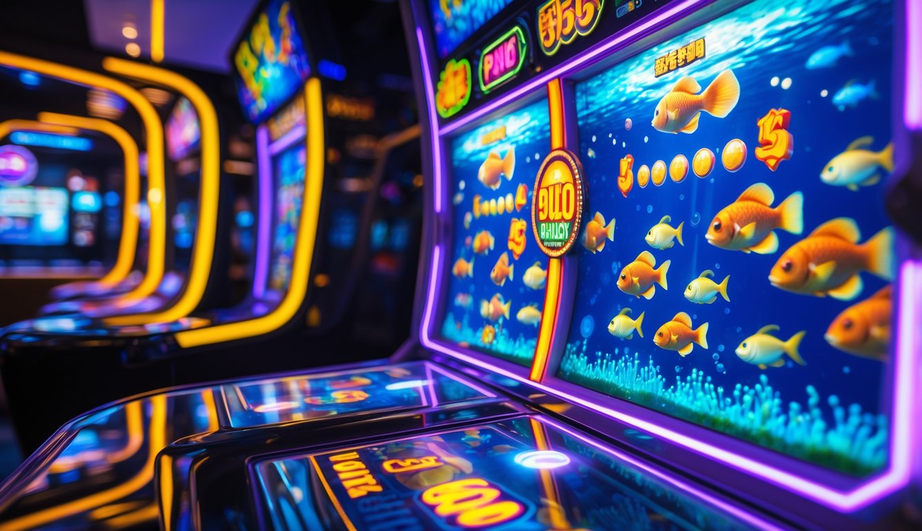 Mesin permainan tembak ikan dengan layar warna-warni dan lampu yang menyala di dalam arcade permainan.