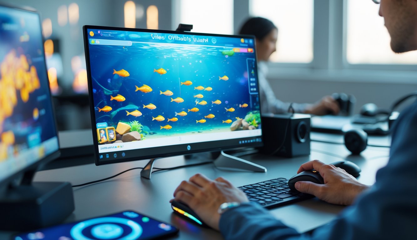 Seseorang bermain game menembak ikan secara online di depan komputer dengan tampilan ikan berwarna-warni di layar.