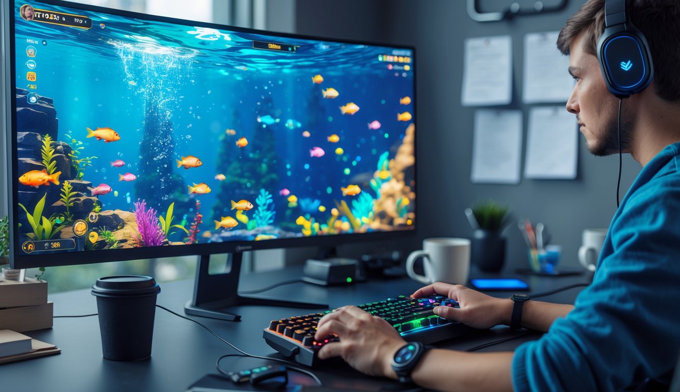 Seseorang sedang bermain game tembak ikan di komputer dengan layar penuh warna dan suasana fokus.