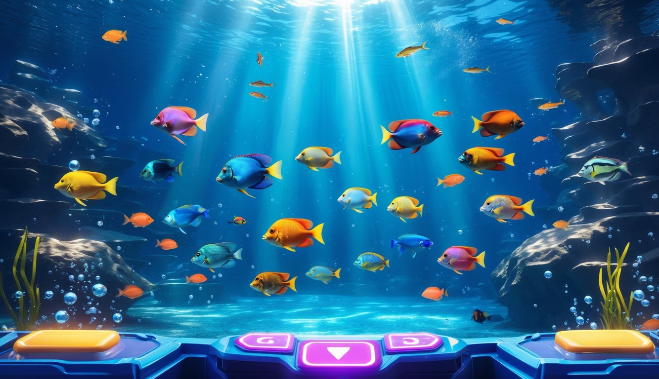 Pemandangan bawah laut dengan berbagai ikan tropis berwarna-warni dan efek cahaya air yang cerah.