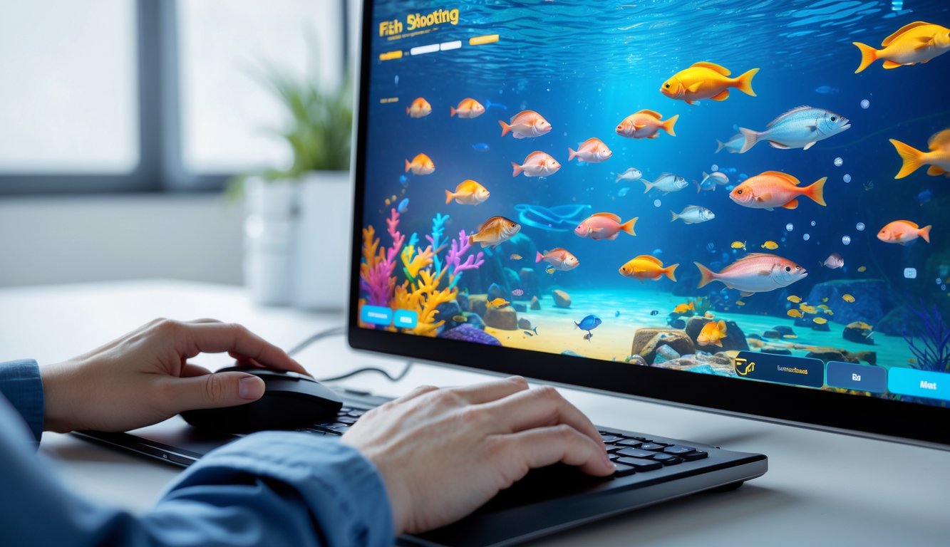 Seseorang sedang bermain permainan tembak ikan online di depan komputer dengan latar belakang ruang kerja yang rapi.