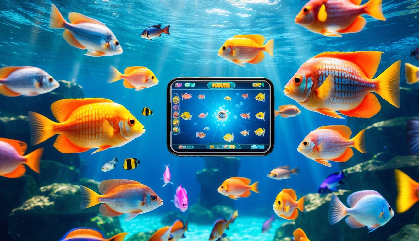 Pemandangan bawah laut dengan berbagai ikan warna-warni yang berenang aktif di sekitar permainan tembak ikan digital.