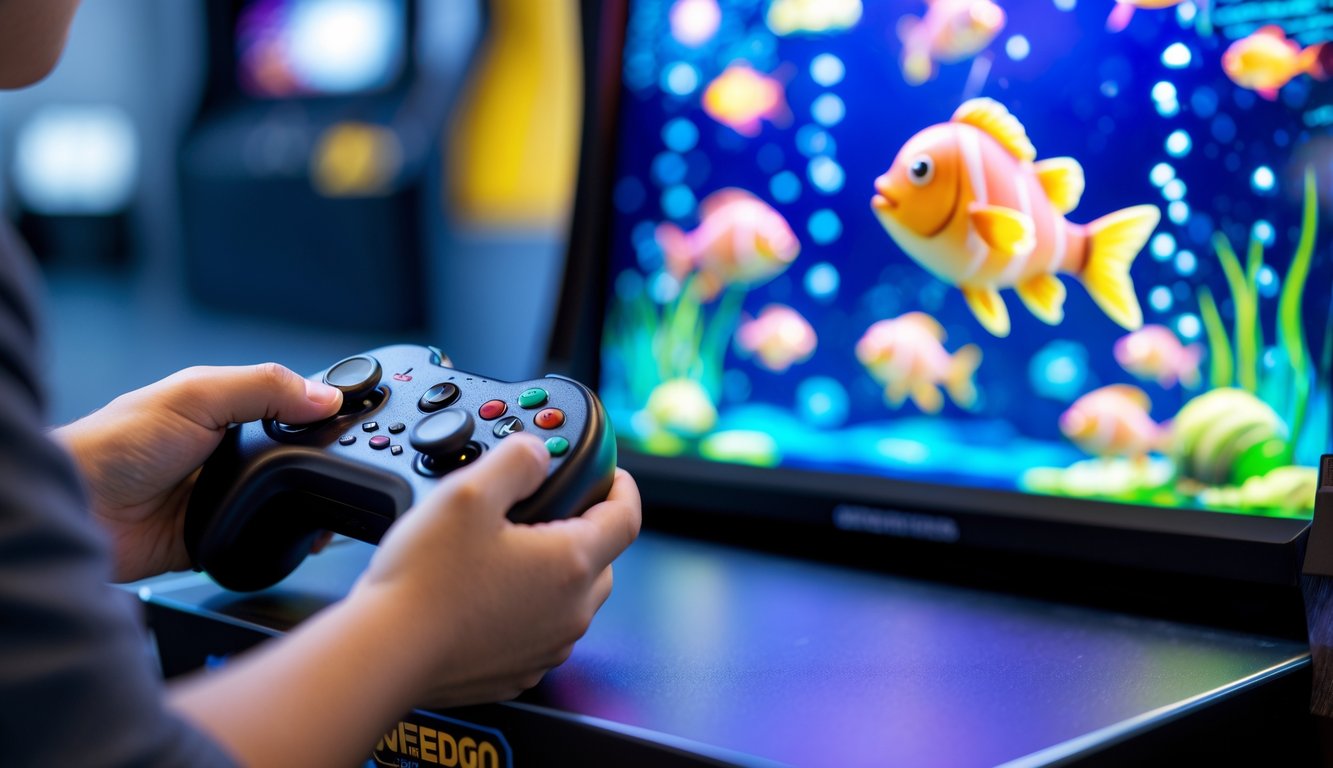 Seseorang memegang kontroler kecil untuk bermain permainan tembak ikan dengan layar penuh warna di latar belakang.