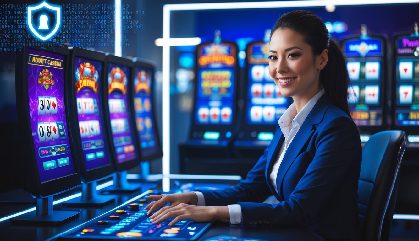 Seorang wanita duduk di depan layar komputer yang menampilkan permainan kasino online dengan latar belakang yang menunjukkan simbol keamanan digital.