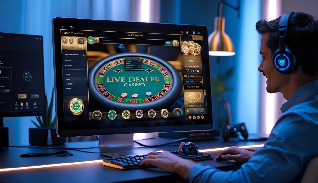 Sebuah ruang kerja modern dengan komputer menampilkan permainan kasino langsung online dan aksesori bermain di meja.