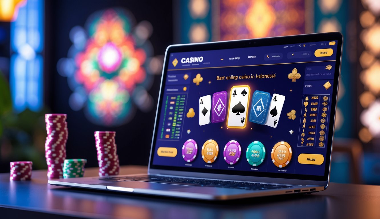 Layar perangkat dengan permainan kasino online yang menampilkan chip poker dan kartu, dengan latar belakang motif batik Indonesia.