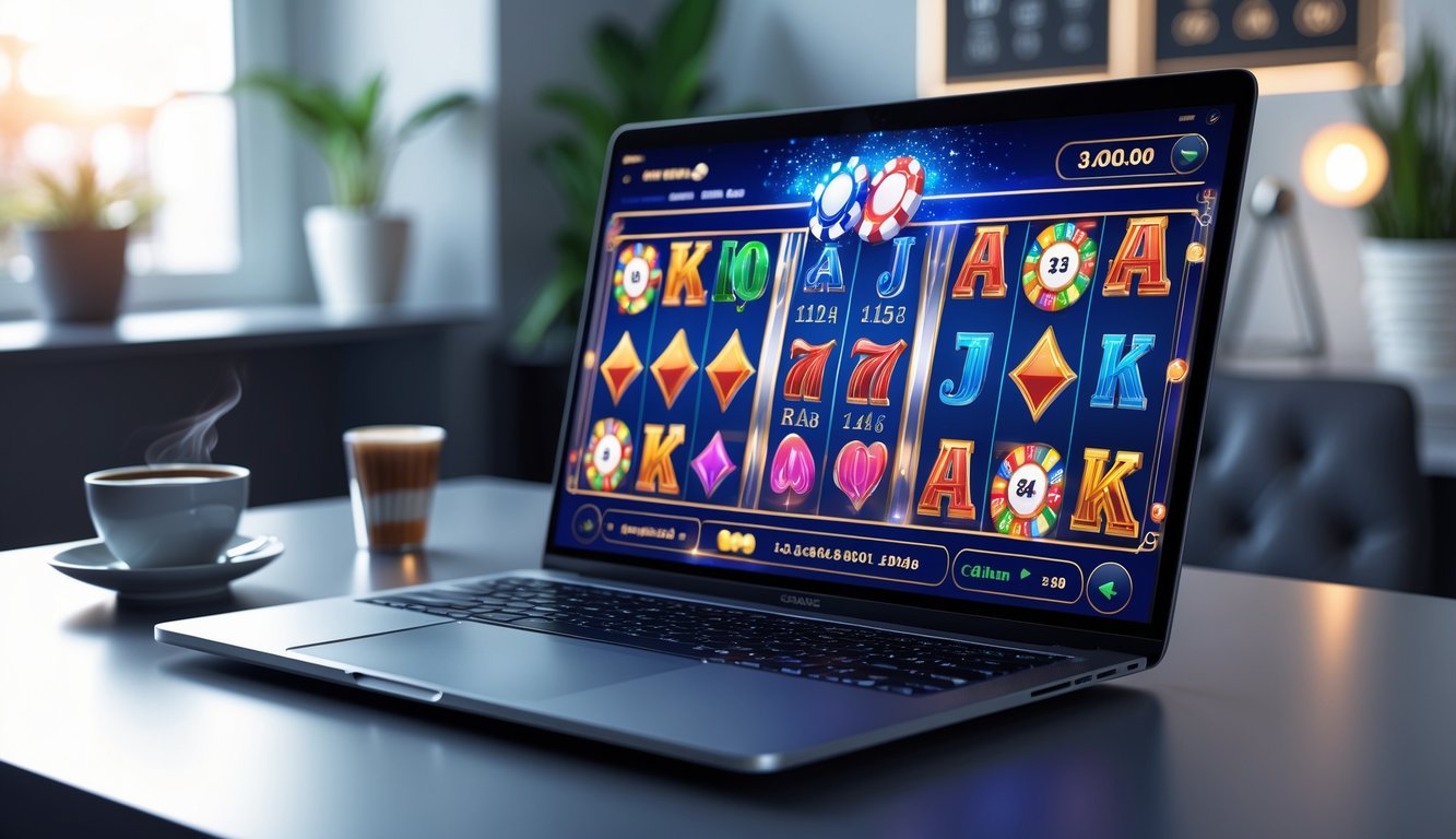 Sebuah laptop di meja kerja menampilkan permainan kasino online dengan mesin slot, kartu poker, dan roda roulette, di dalam ruangan yang terang dan rapi.