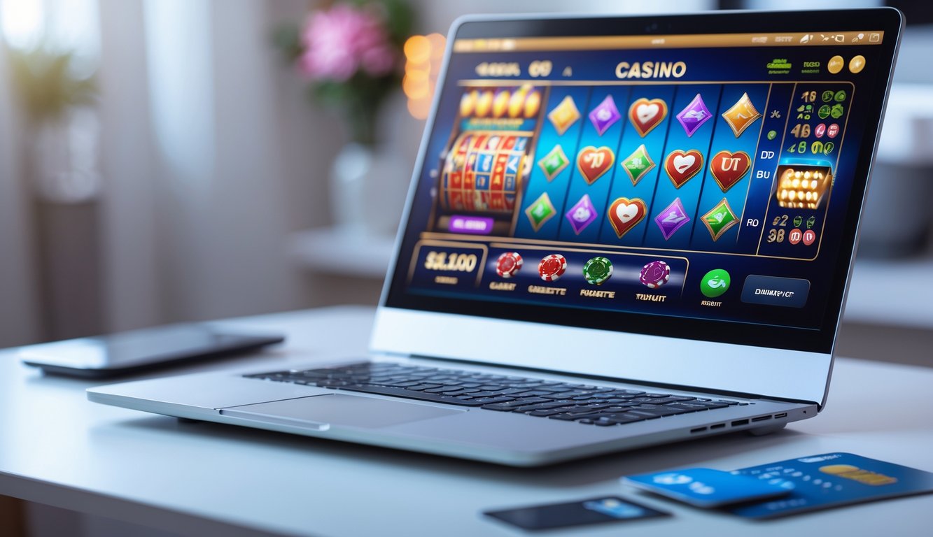 Sebuah komputer menampilkan antarmuka kasino online dengan berbagai permainan, di atas meja bersih dengan latar belakang kabur.