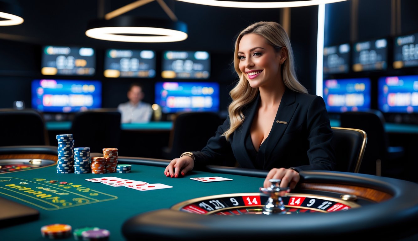 Seorang dealer kasino wanita tersenyum di meja kasino dengan chip dan kartu, di studio dengan layar dan suasana permainan kasino langsung.