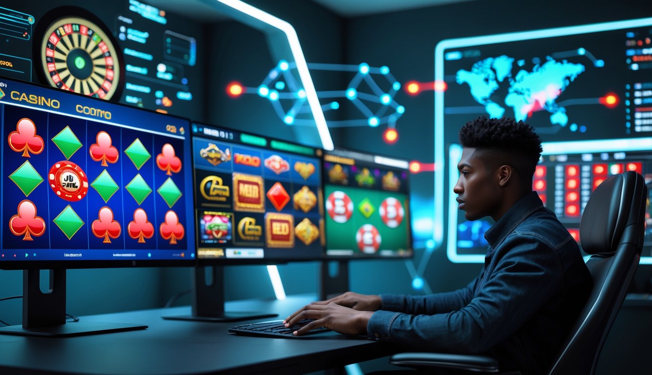 Seseorang sedang menggunakan komputer dengan layar menampilkan permainan kasino online di ruangan yang modern dan terang.