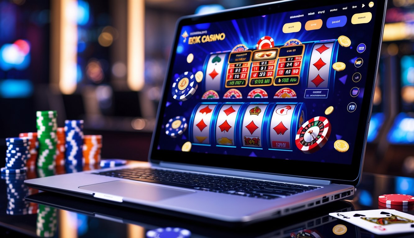 Sebuah komputer menampilkan permainan kasino online dengan mesin slot, kartu poker, dan roda roulette di layar, dikelilingi chip poker dan kartu bermain di atas meja.