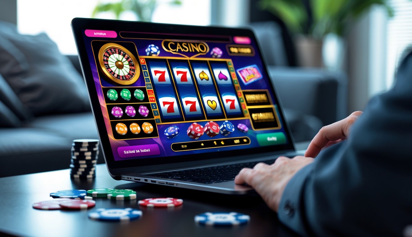 Seseorang menggunakan komputer dengan tampilan permainan kasino online yang cerah dan berwarna-warni di layar.