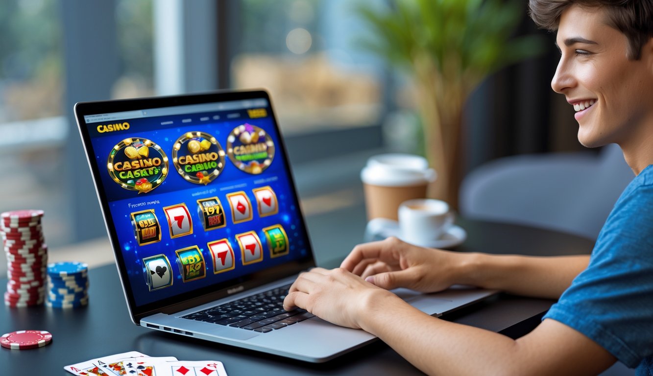 Seorang pemula sedang menggunakan laptop dengan tampilan permainan kasino online di meja yang rapi, dikelilingi oleh chip poker dan kartu remi.