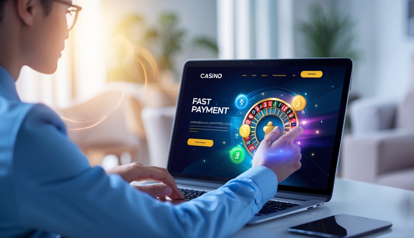 Seseorang menggunakan perangkat digital dengan tampilan situs kasino online yang menunjukkan transaksi cepat.