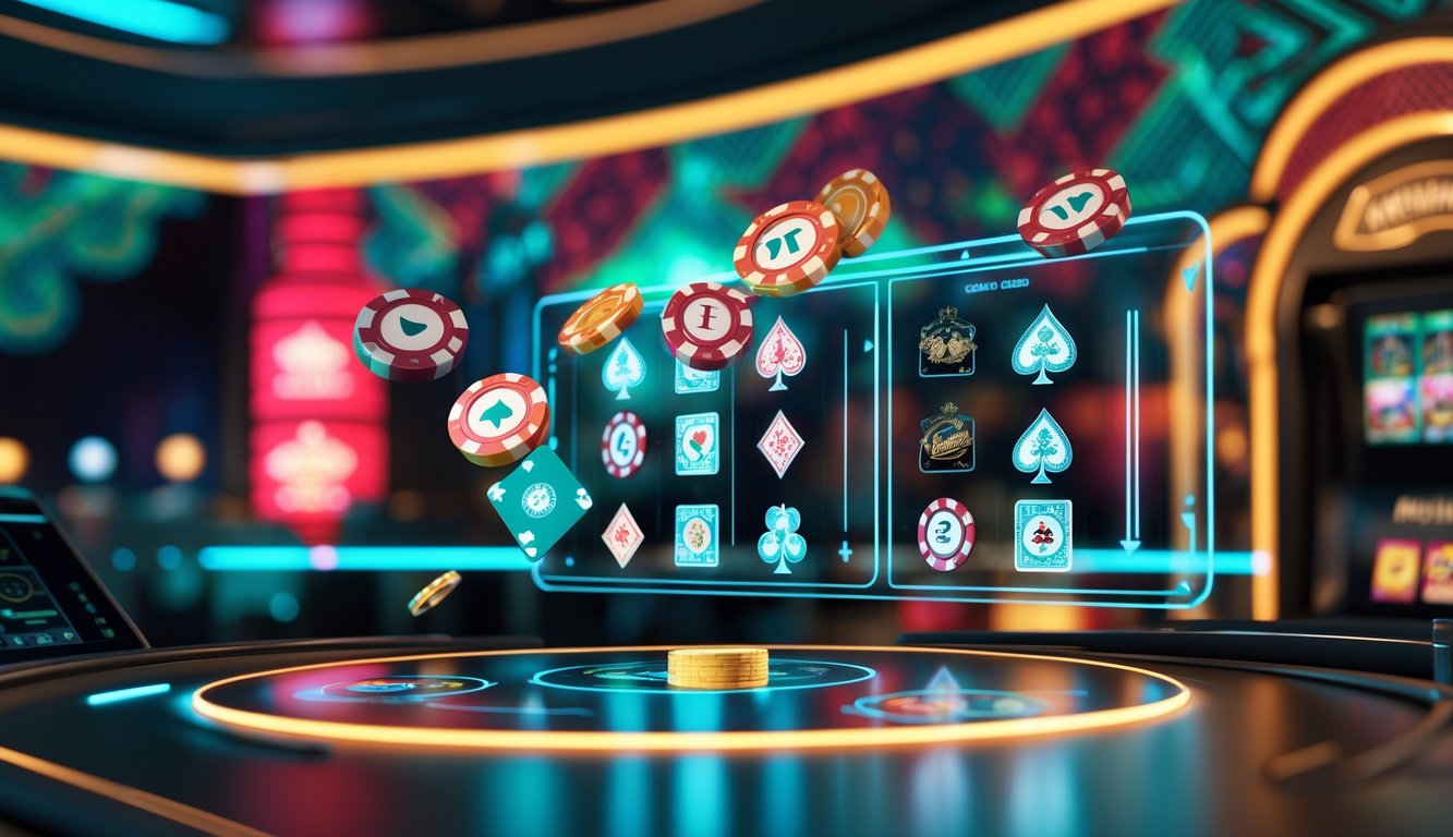 Suasana kasino online modern dengan elemen permainan seperti kartu dan chip, serta motif budaya Indonesia di latar belakang.