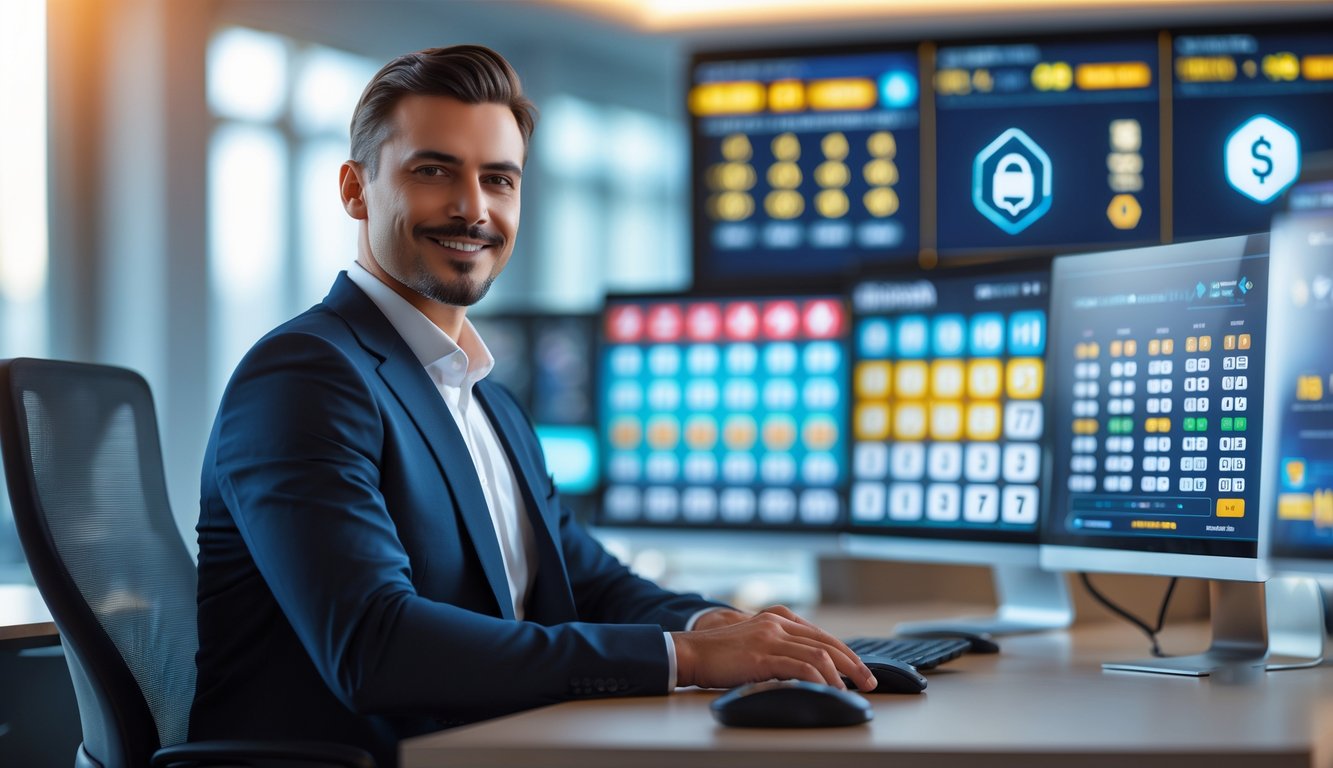 Seorang pria profesional duduk di depan komputer dengan layar menampilkan angka lotere dalam ruang kantor yang rapi dan terang.