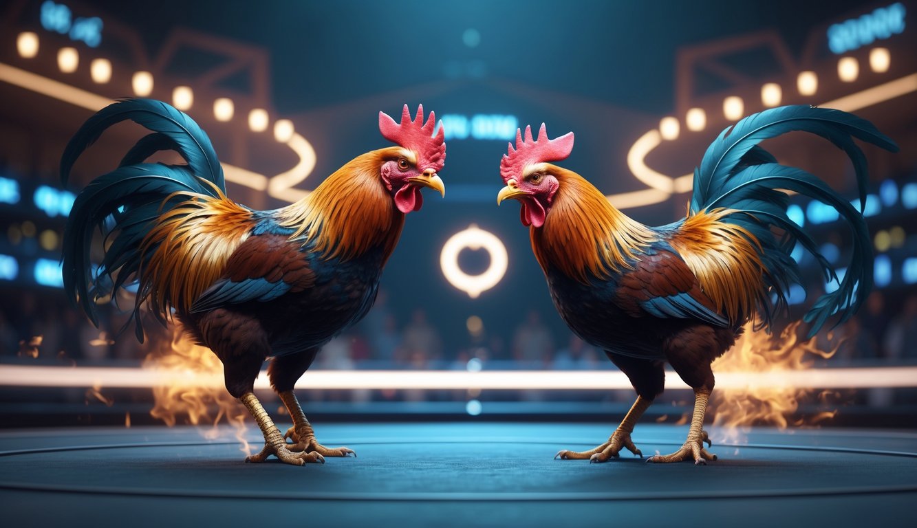 Dua ayam jago sedang bertarung dalam suasana virtual dengan latar belakang elemen digital dan antarmuka taruhan online.