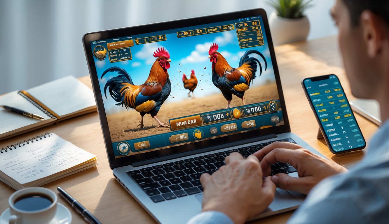 Seseorang menggunakan laptop untuk bermain sabung ayam online dengan catatan dan ponsel di meja kerja.