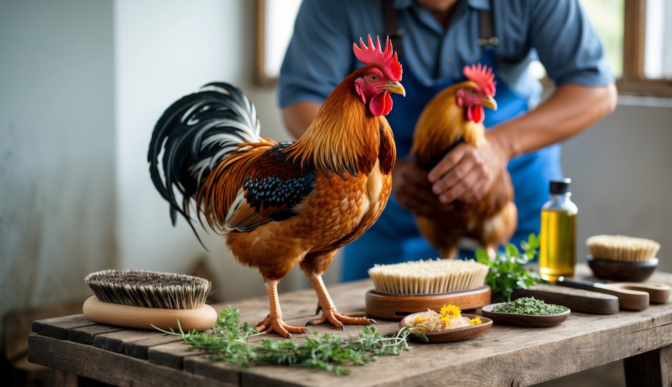 Seekor ayam petarung yang dirawat dengan baik sedang berdiri di tempat bertengger kayu dengan alat perawatan di sekitarnya dan seseorang sedang merawat ayam lain di latar belakang.