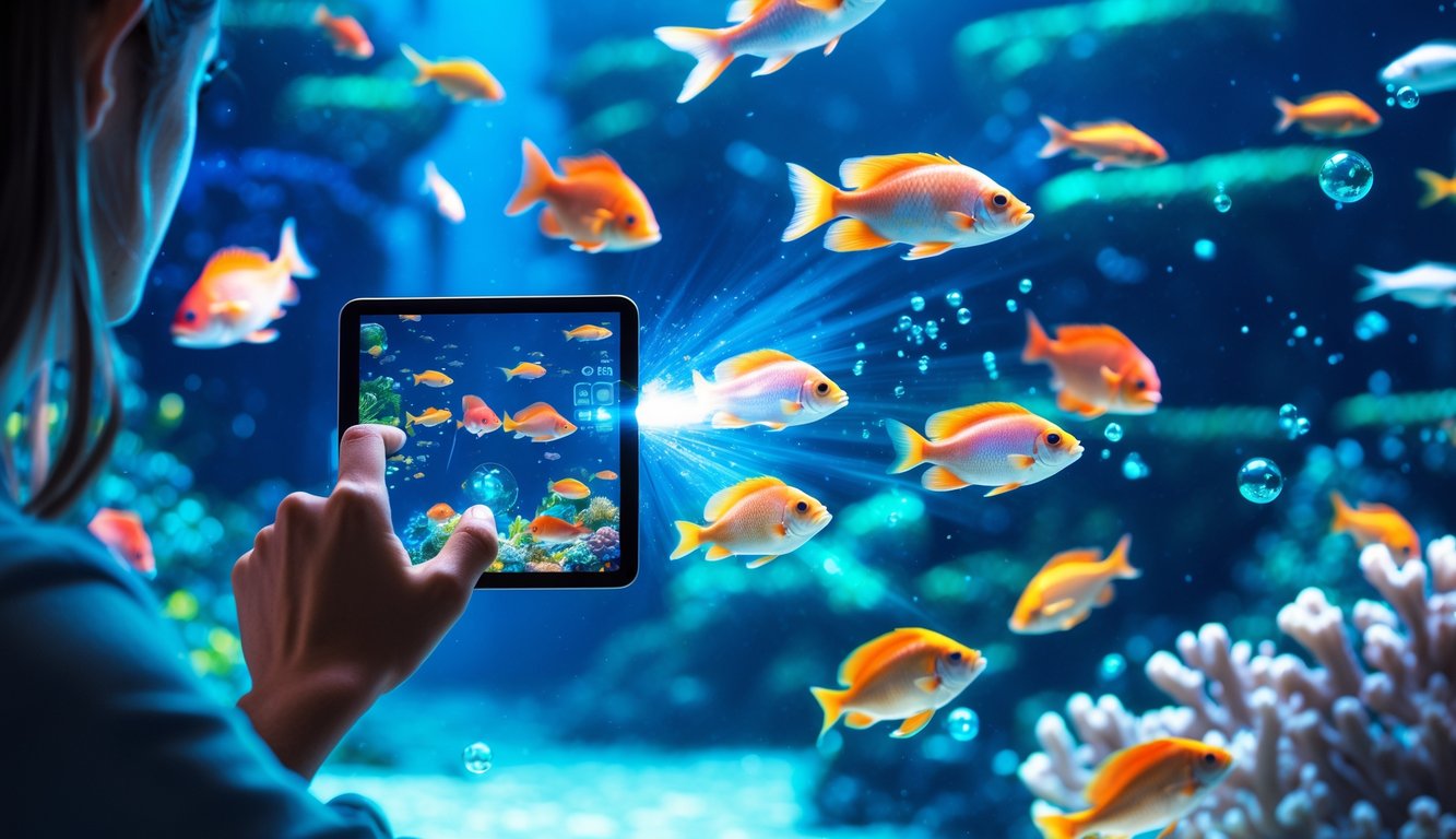 Seorang pemain menggunakan perangkat layar sentuh untuk bermain game menembak ikan dengan latar belakang ikan berwarna-warni di bawah air.