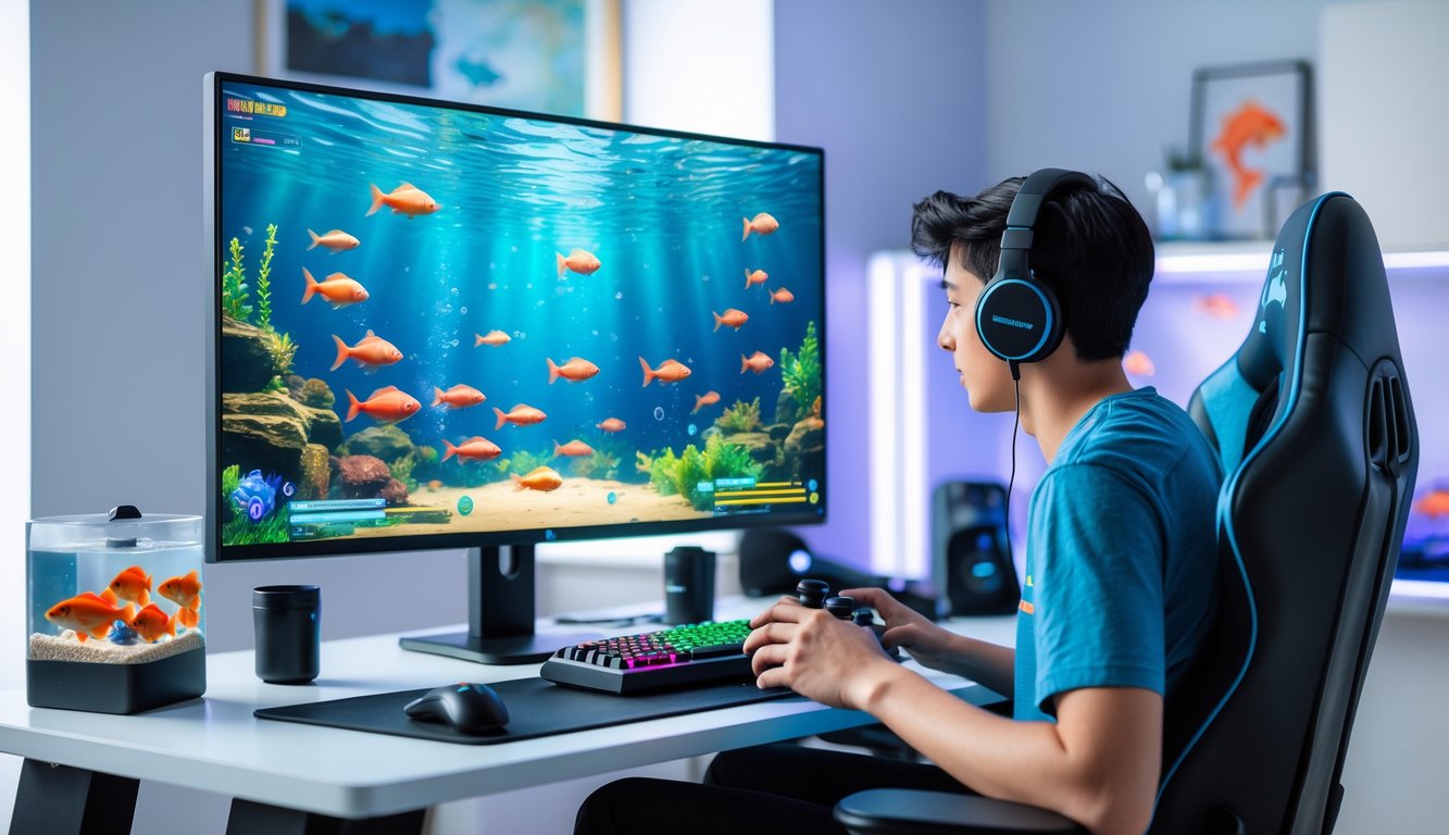 Seorang pemula sedang bermain permainan tembak ikan di komputer dengan latar ruangan gaming yang rapi dan dekorasi akuarium kecil.