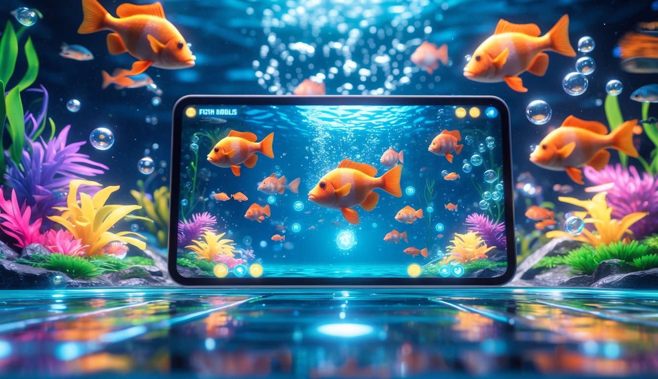 Layar komputer menampilkan permainan tembak ikan dengan latar bawah laut penuh ikan berwarna-warni dan efek cahaya yang menarik.