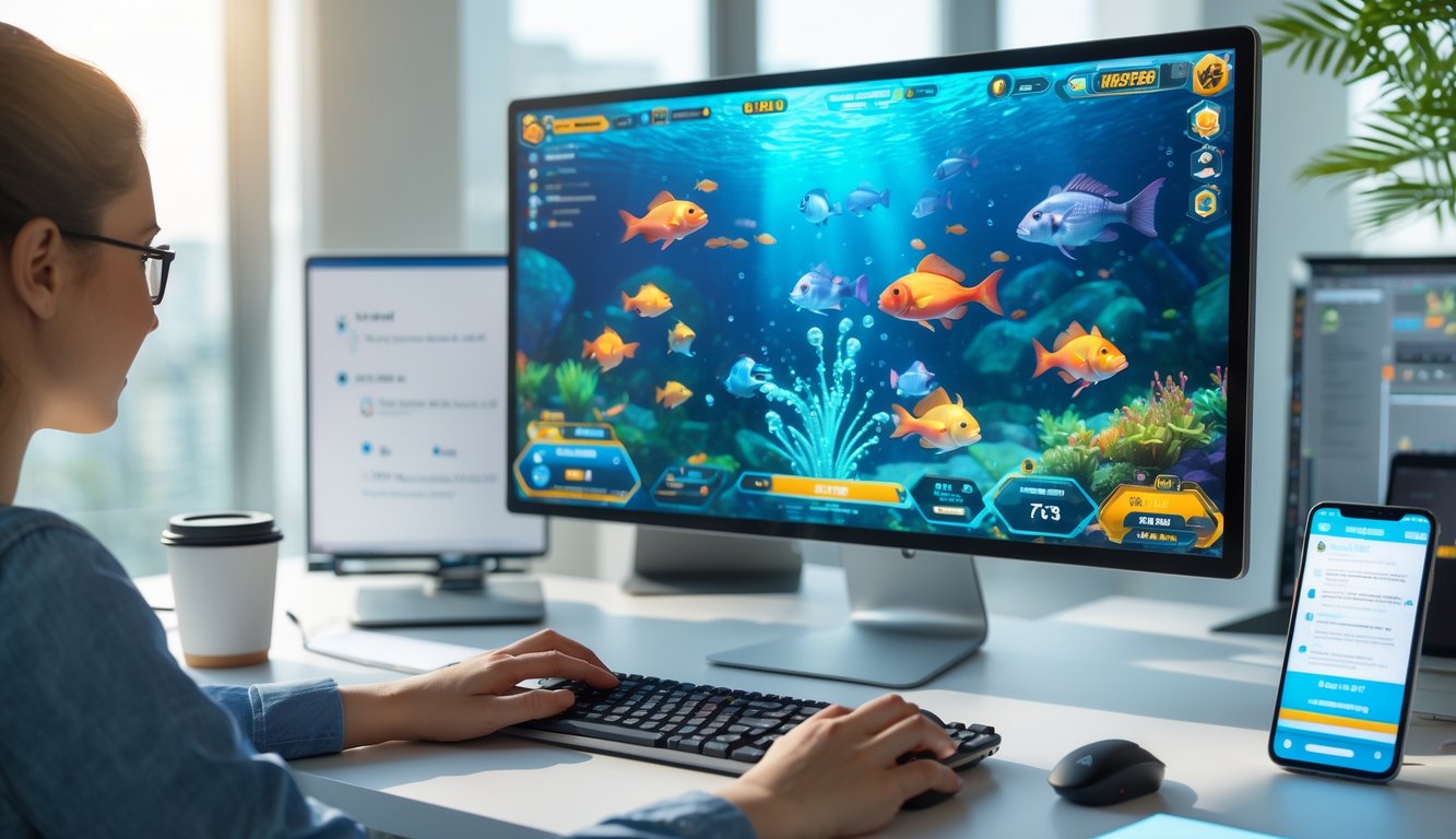 Meja kerja dengan komputer yang menampilkan permainan menembak ikan online, tangan seseorang sedang menggunakan mouse dan keyboard.