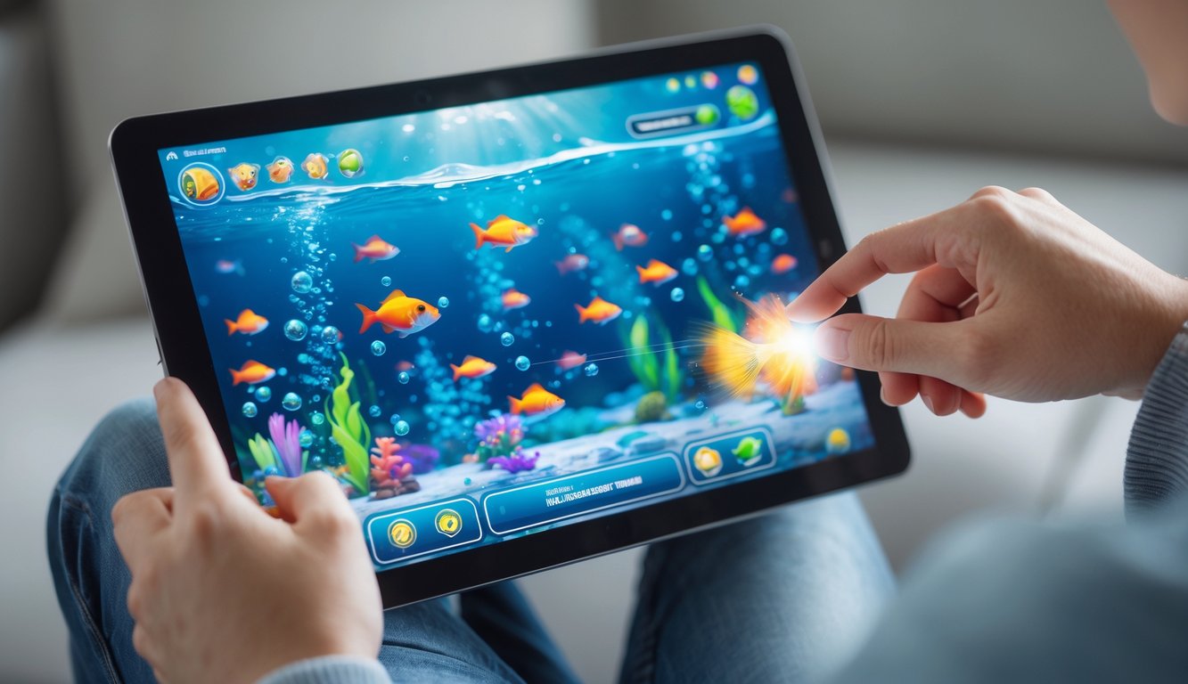 Seseorang memainkan permainan tembak ikan online di layar tablet dengan gambar ikan warna-warni di bawah air.