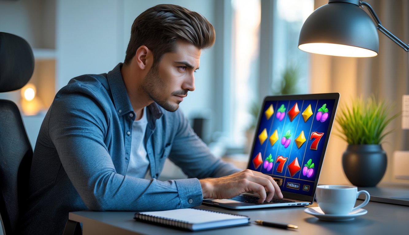 Seorang pria muda duduk di depan laptop dengan ekspresi fokus, di meja kerja modern dengan suasana ruangan yang terang.