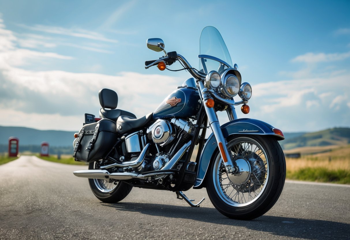 A classic Harley-Davidson motorcycle parked on an open road with rolling hills and a clear sky in the background.
