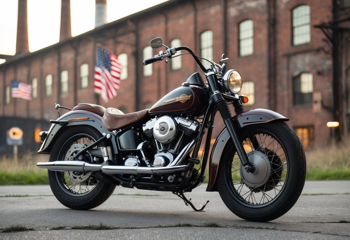 A vintage Harley-Davidson motorcycle in front of an early 20th-century industrial factory building with smokestacks.