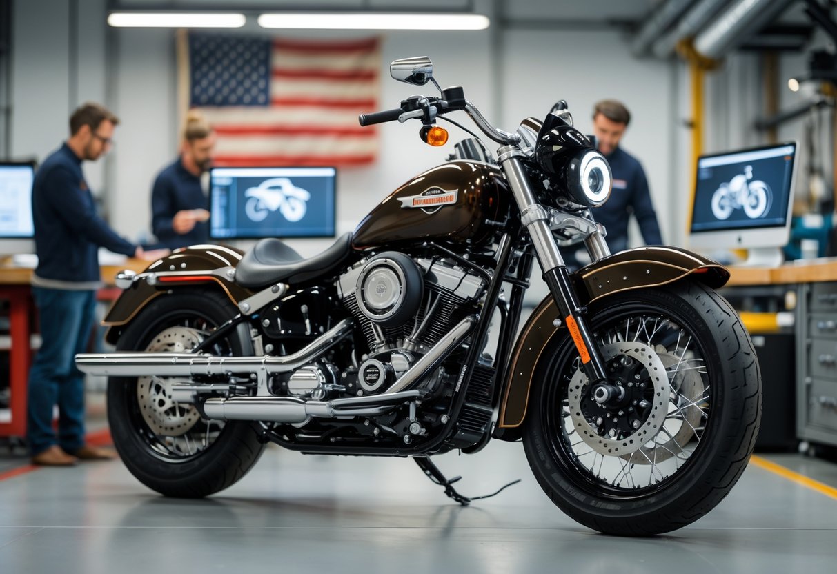 A classic Harley-Davidson motorcycle in a workshop with engineers working on designs in the background.