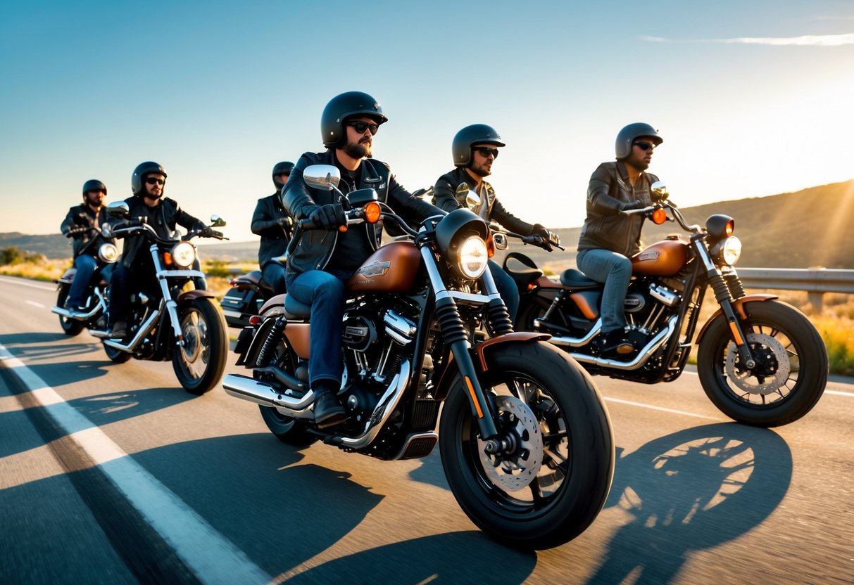 A group of motorcyclists riding Harley-Davidson motorcycles on an open highway with hills and a clear sky in the background.