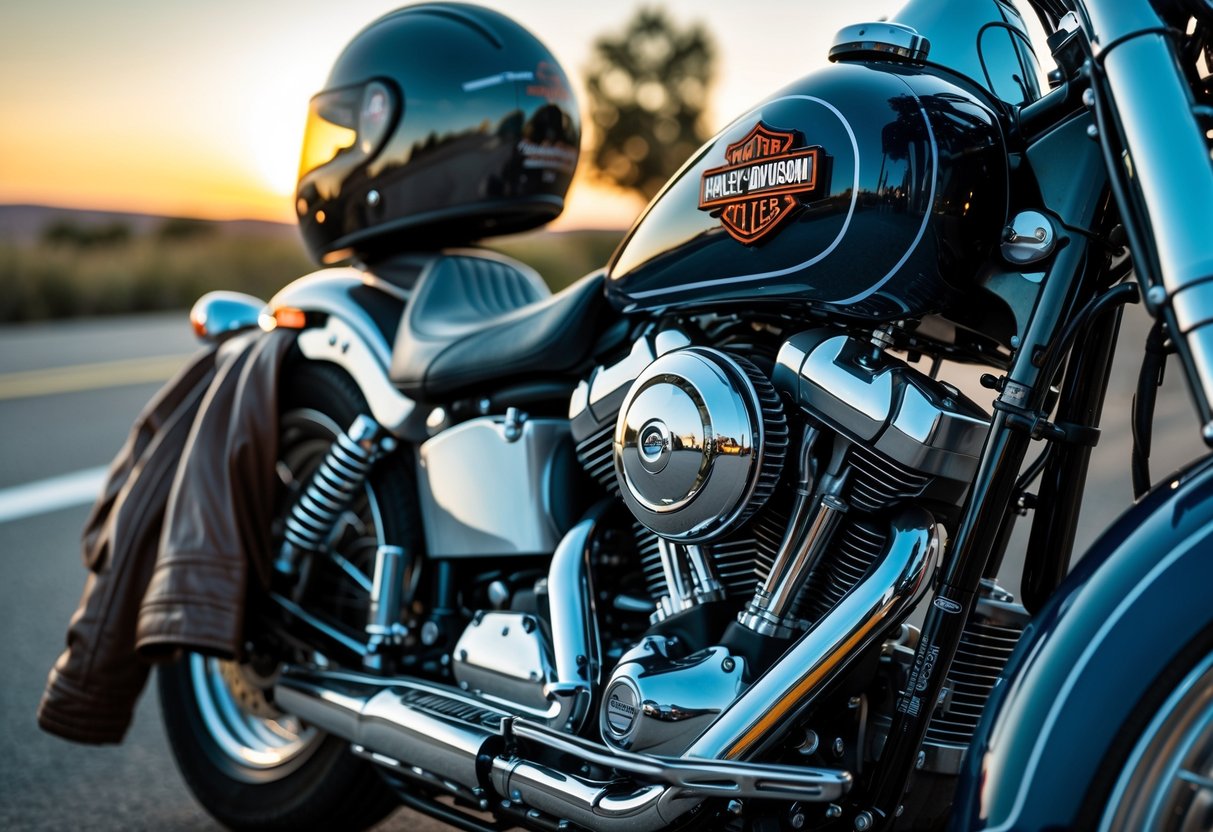 Close-up of a customized Harley-Davidson motorcycle with a leather jacket and helmet nearby, set against an open road background at sunset.