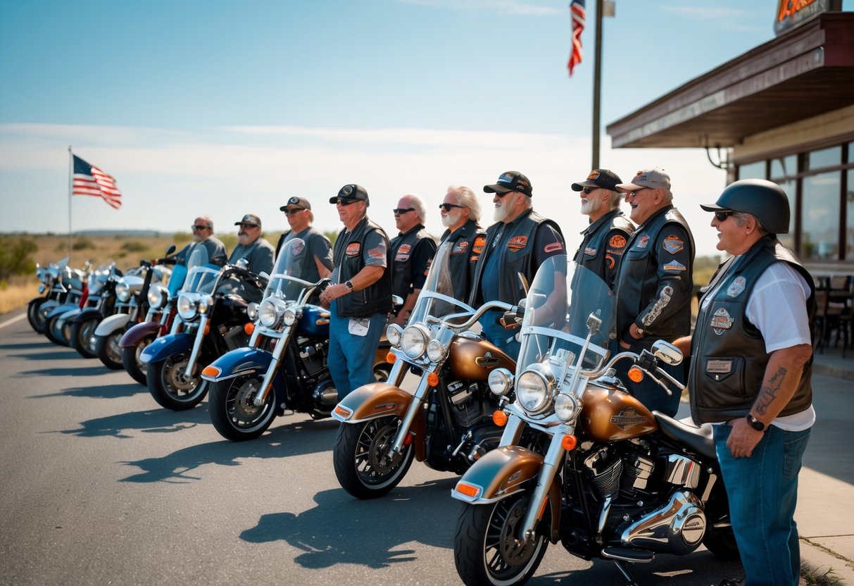 A group of people wearing Harley-Davidson gear standing near parked Harley-Davidson motorcycles on an open road with an American flag and a roadside diner in the background.