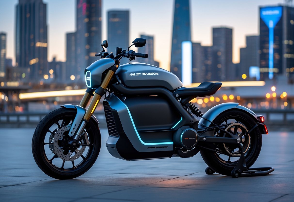 A futuristic Harley-Davidson motorcycle displayed in a city at dusk with modern skyscrapers in the background.