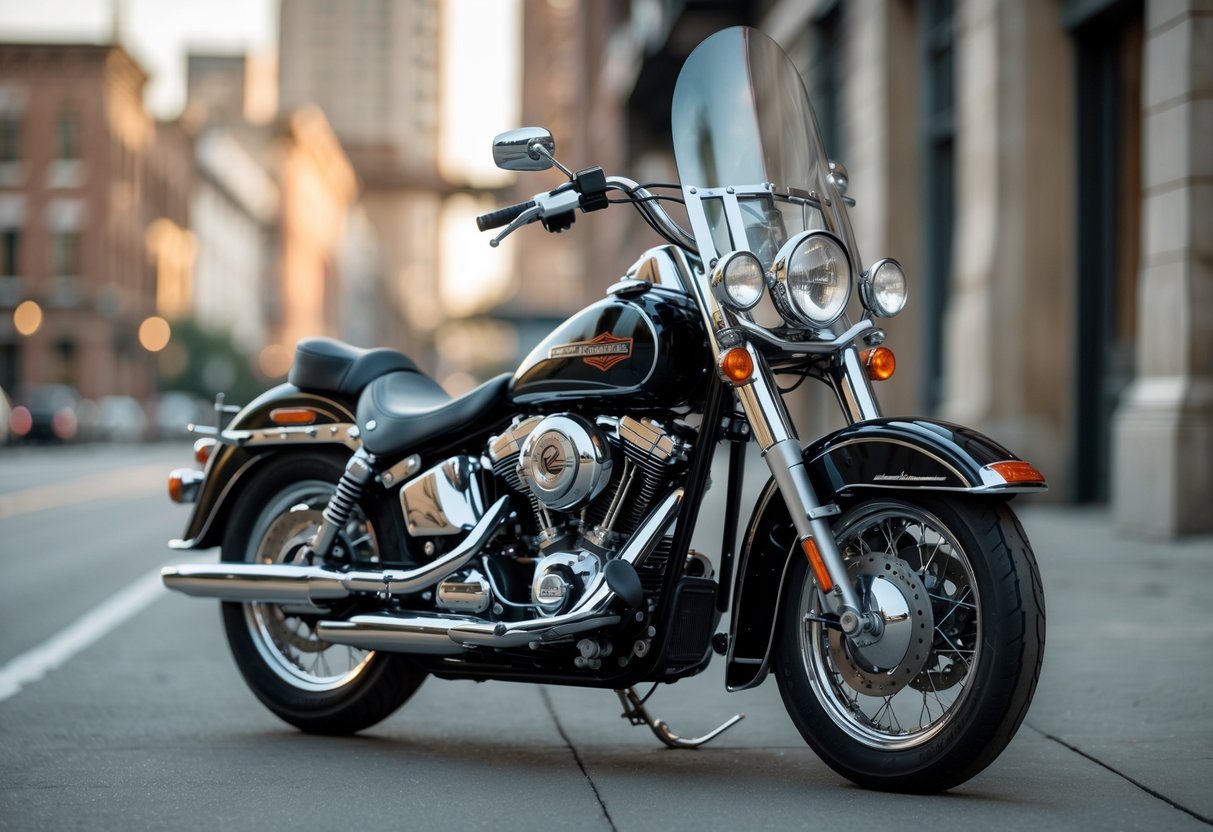 A classic Harley-Davidson motorcycle parked in an urban setting with a cityscape in the background.