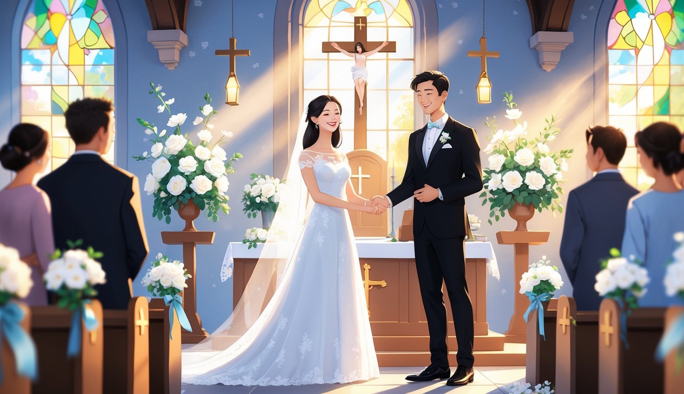 Mladenci stoje zajedno u crkvi na vjenčanju, okruženi cvijećem i religijskim simbolima, dok gosti gledaju ceremoniju.