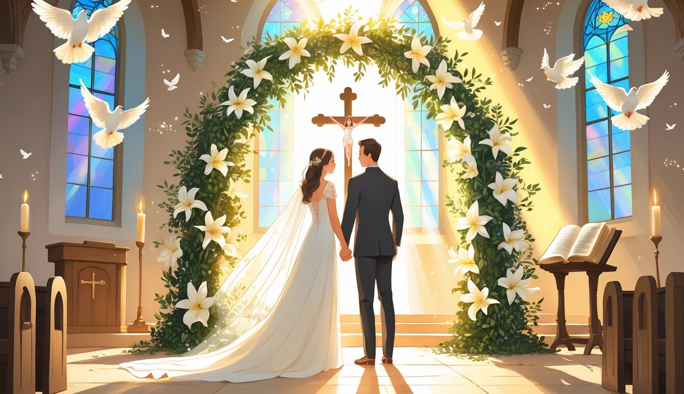 Mladenci stoje zajedno ispod cvjetnog luka u crkvi, okruženi golubovima i svjetlom koje prolazi kroz vitraž.