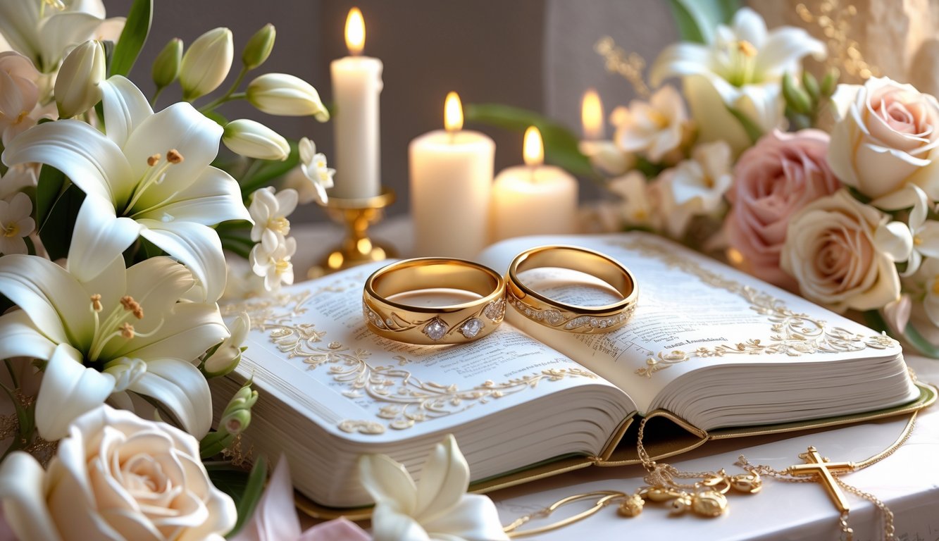 Ilustracija vjenčanja s vjenčanim prstenima, otvorenom Biblijom, svijećama i cvijećem u toplom i svečanom ambijentu.